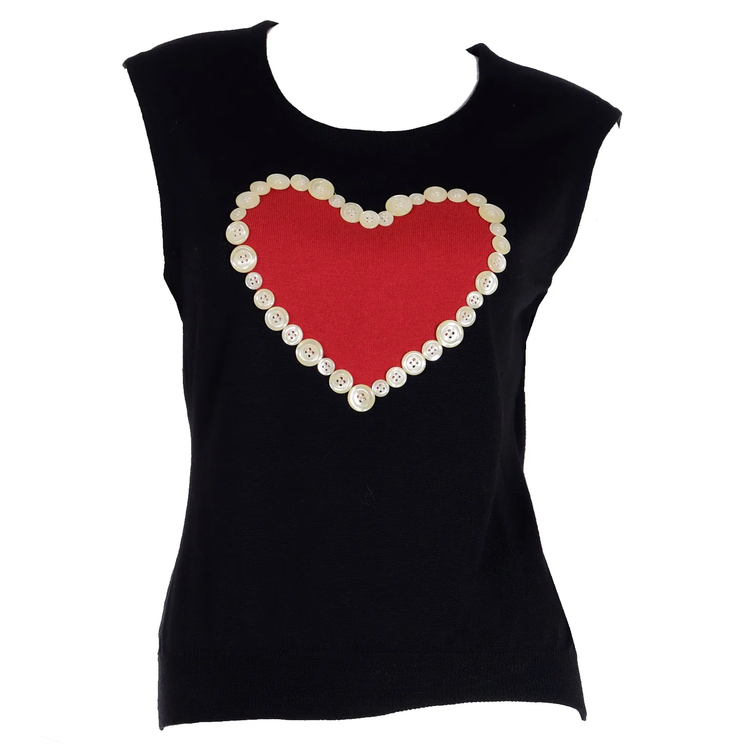 1990s Franco Moschino Black Sleeveless Top w Red Heart & Buttons