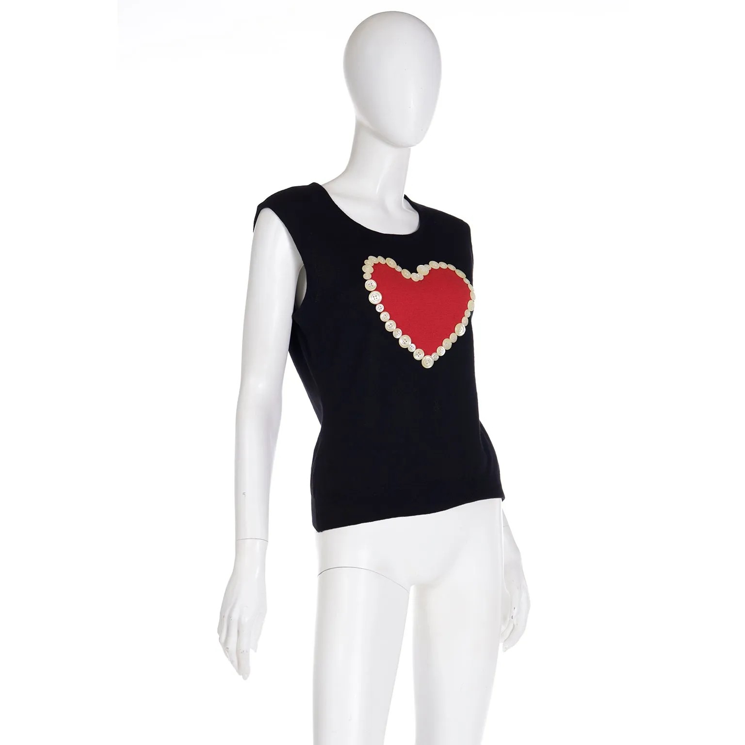 1990s Franco Moschino Black Sleeveless Top w Red Heart & Buttons