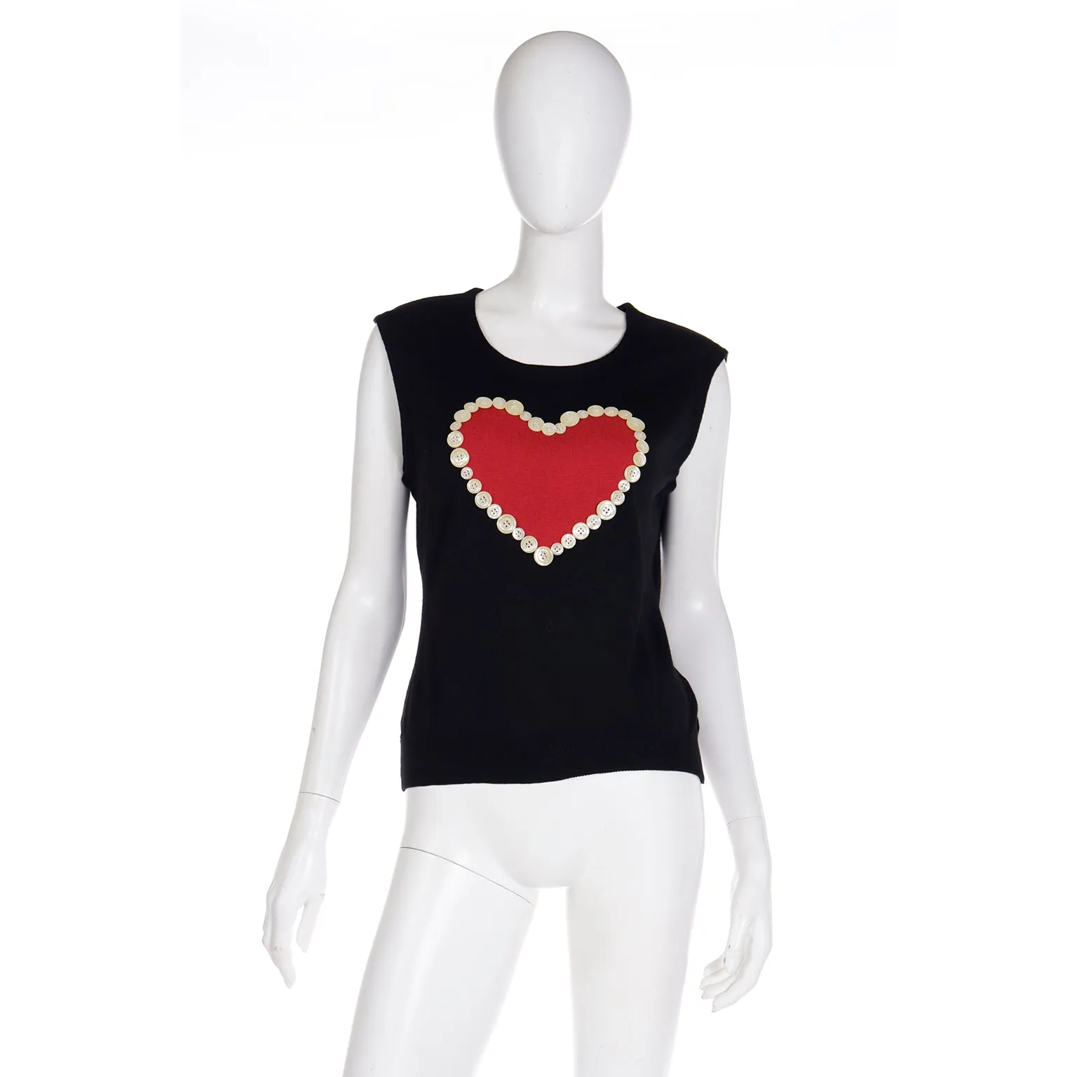 1990s Franco Moschino Black Sleeveless Top w Red Heart & Buttons