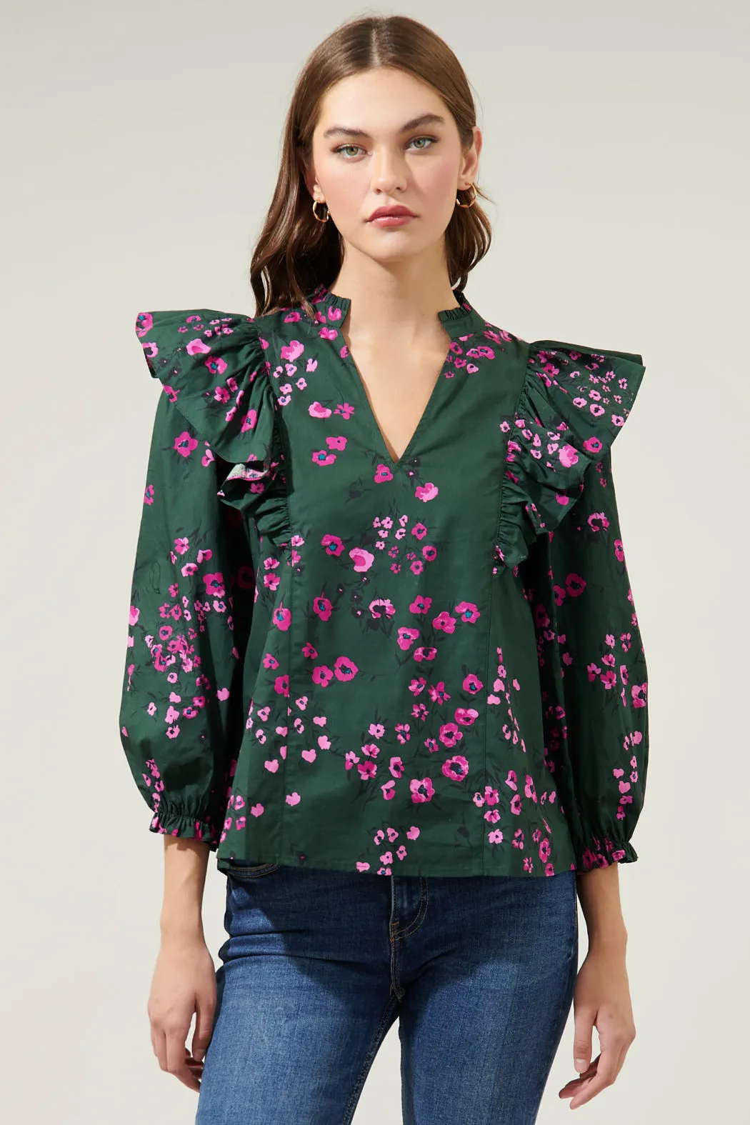 Anissa Floral Grayson Ruffle Split Neck Top