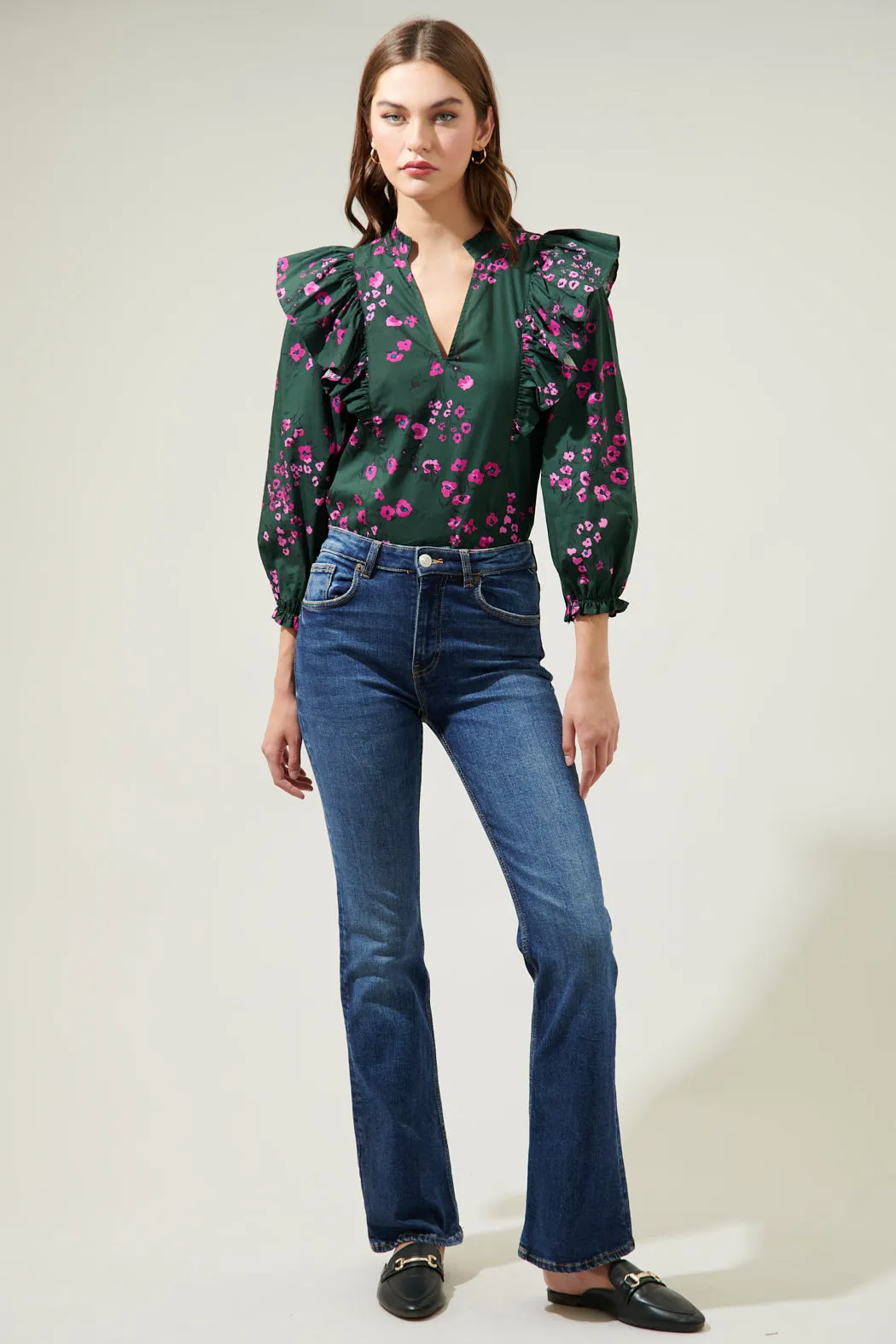 Anissa Floral Grayson Ruffle Split Neck Top