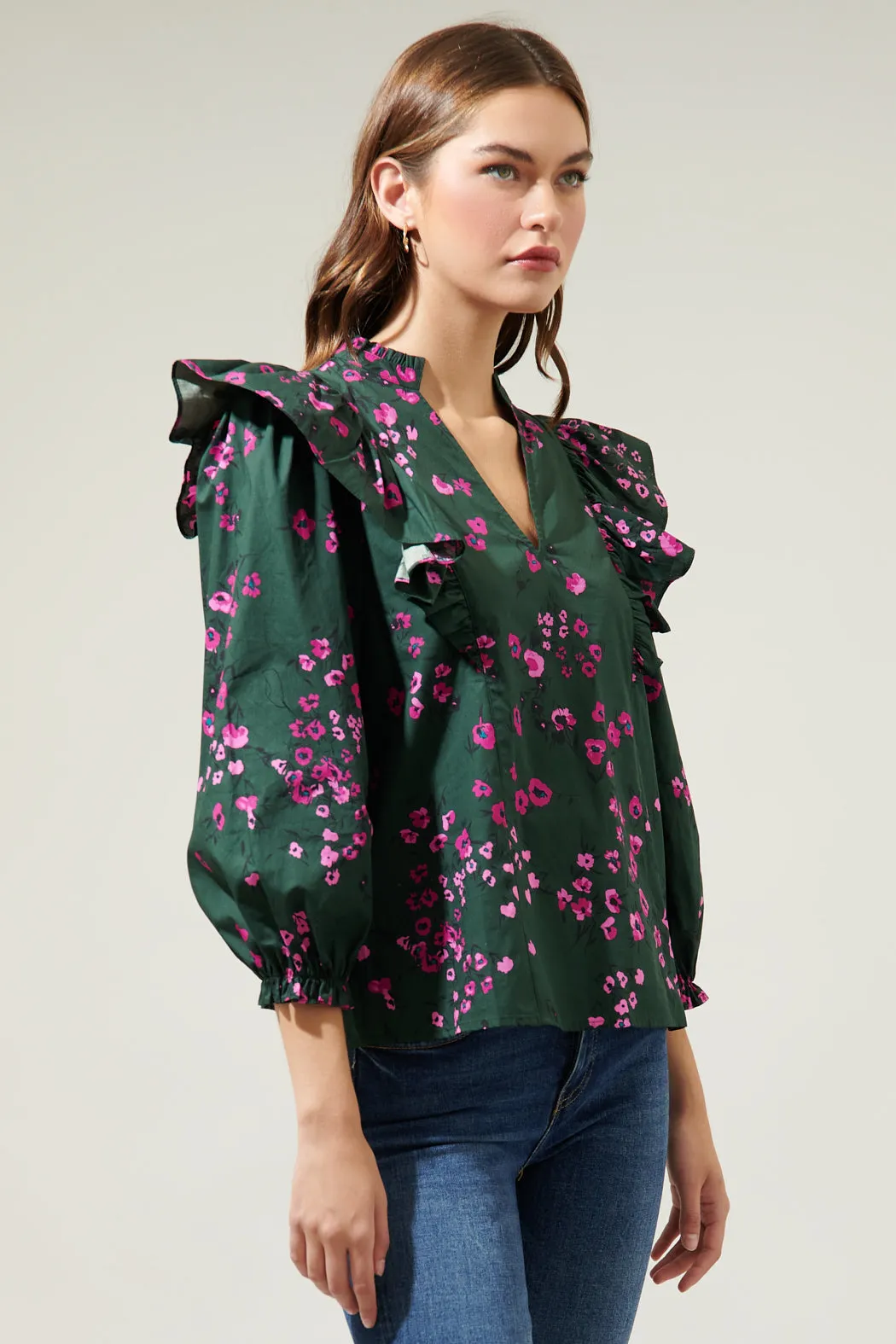 Anissa Floral Grayson Ruffle Split Neck Top