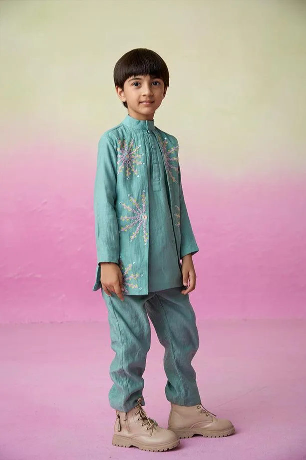 Astronaut Dreamer- Mint Hand Embroidered Kurta & Pants Set for Boys