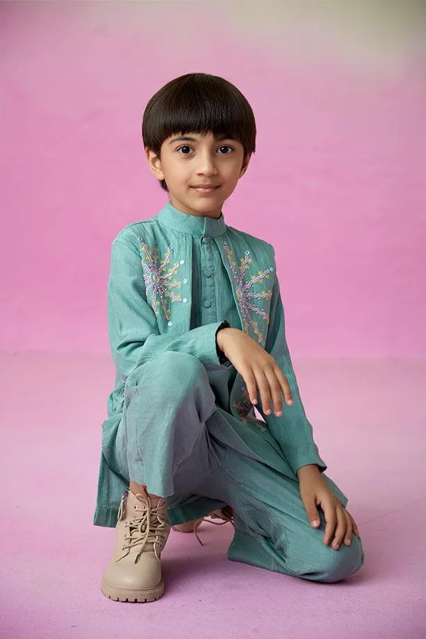 Astronaut Dreamer- Mint Hand Embroidered Kurta & Pants Set for Boys