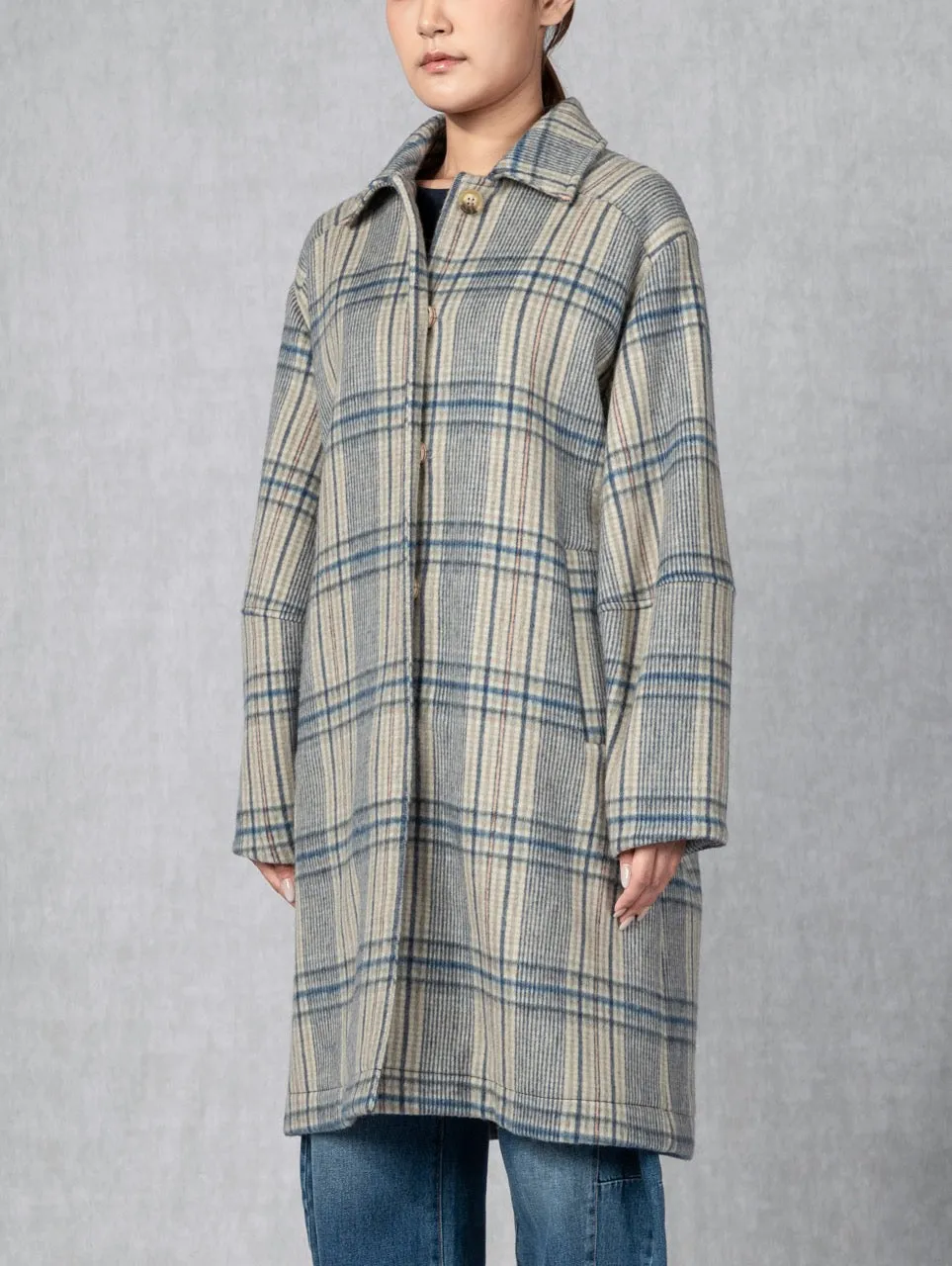 Balloon Woollen Coat Khaki Blue Checks