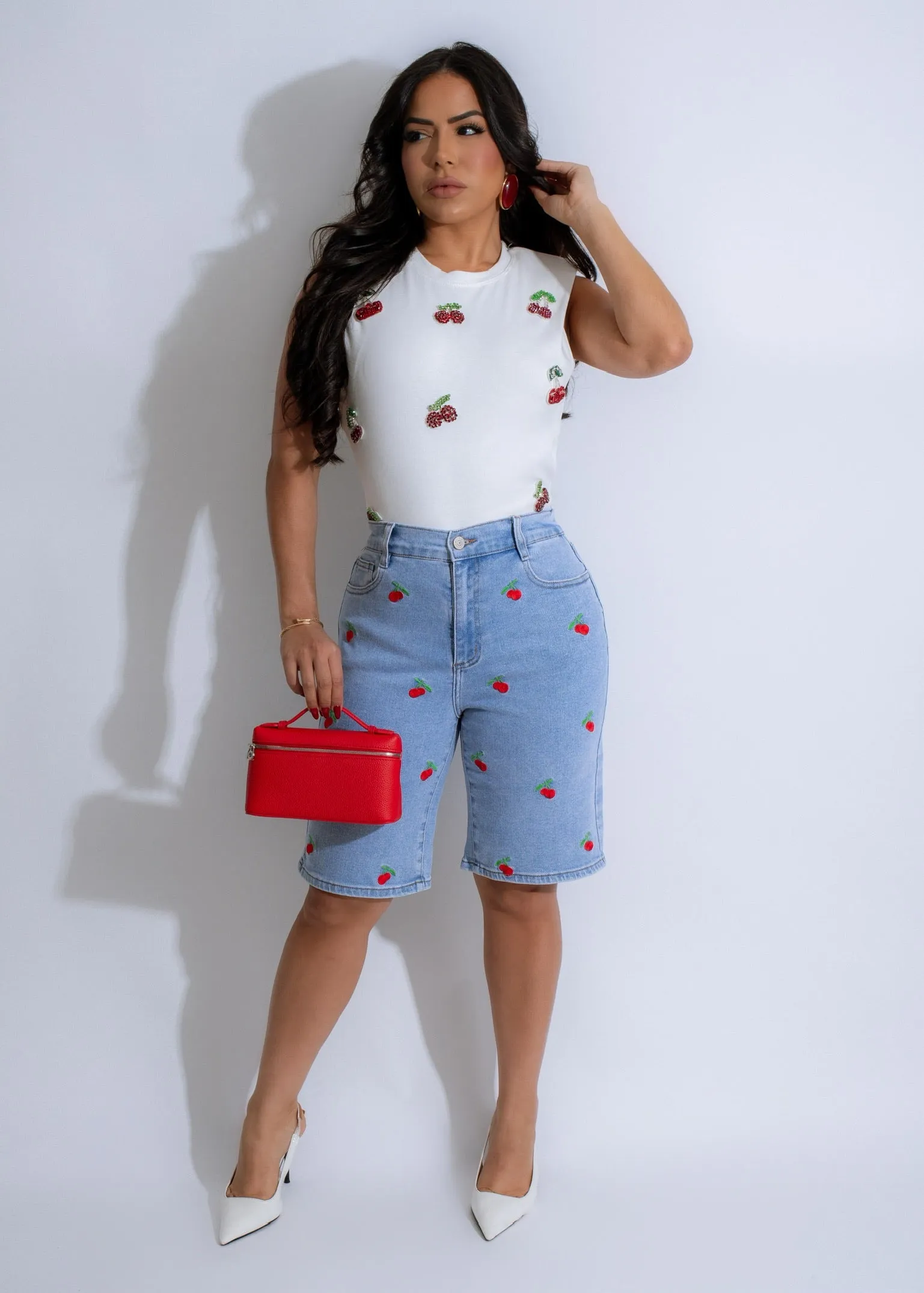 Berry Sweet Cherry Rhinestone Crop Top White