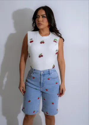 Berry Sweet Cherry Rhinestone Crop Top White