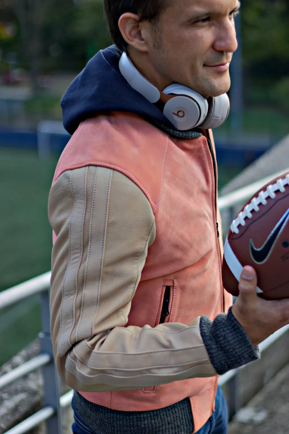 BOSTON 80 Leather Buffalo Suede Varsity Jacket - PINK & Ivory Stripes Raw Code