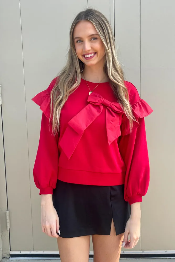 Bow Sweatshirt Top-Red