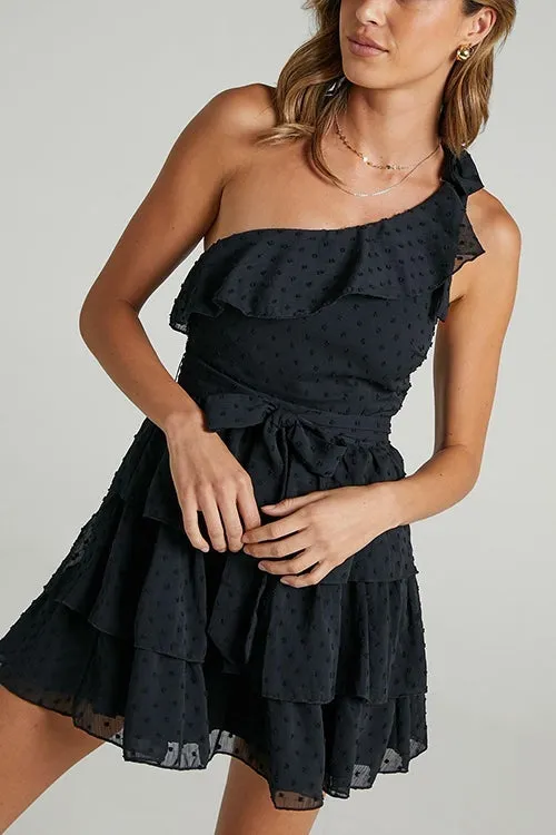 Bow Tie One Shoulder Bleted Tiered Dress