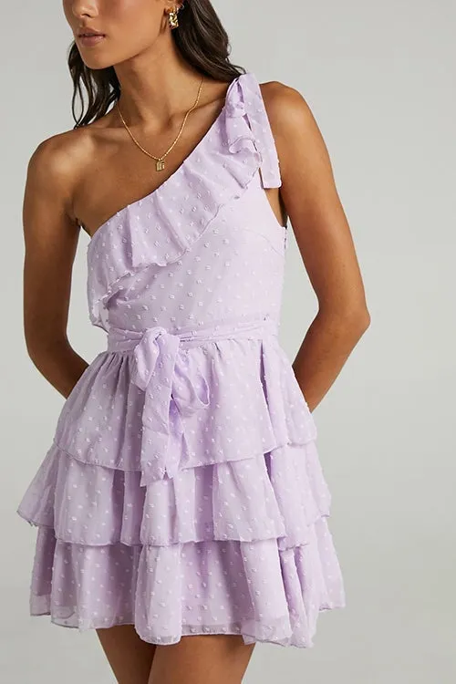 Bow Tie One Shoulder Bleted Tiered Dress