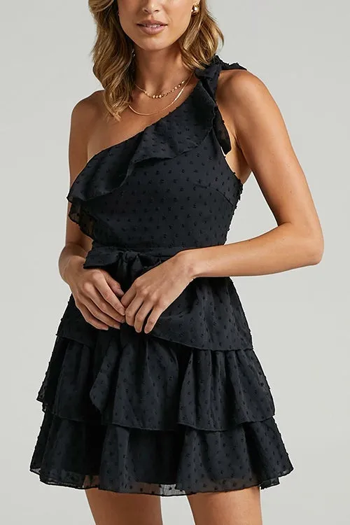 Bow Tie One Shoulder Bleted Tiered Dress