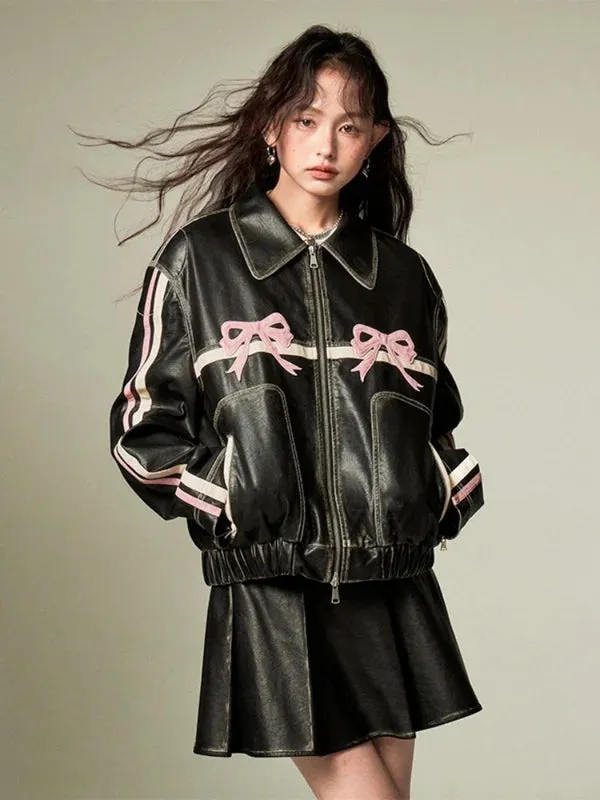 Bowknot Retro Color Painted Leather Jacket