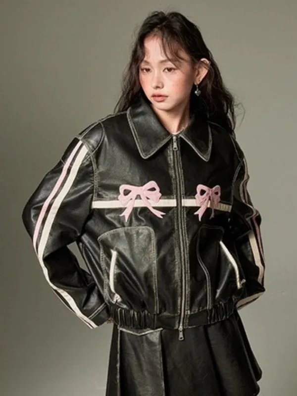 Bowknot Retro Color Painted Leather Jacket