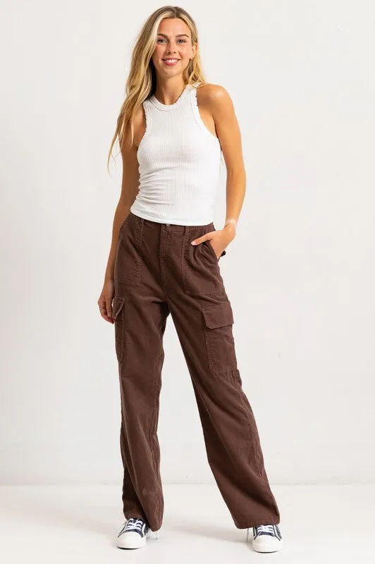 Brown High Rise Straight Fit Corduroy Cargo Pants