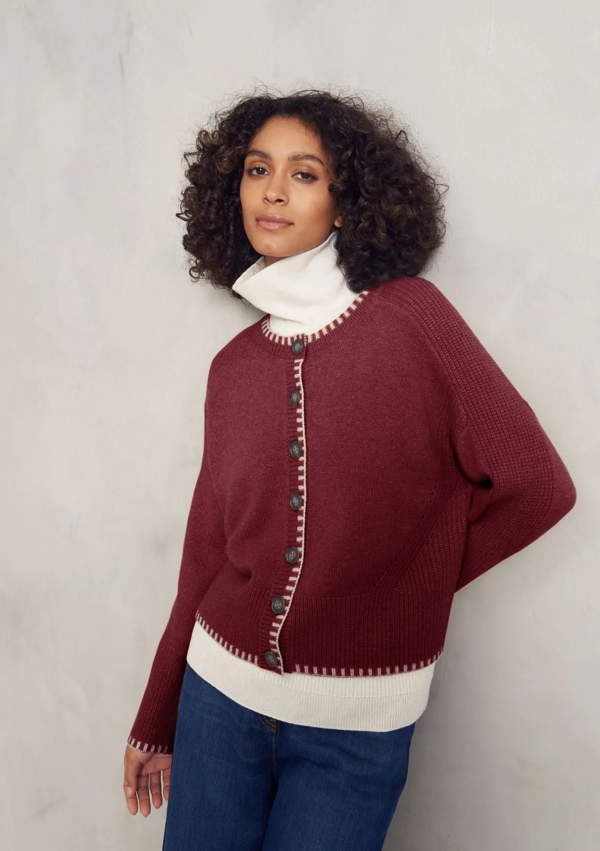 Cashmere Blanket Stitch Cardigan in Barolo Red