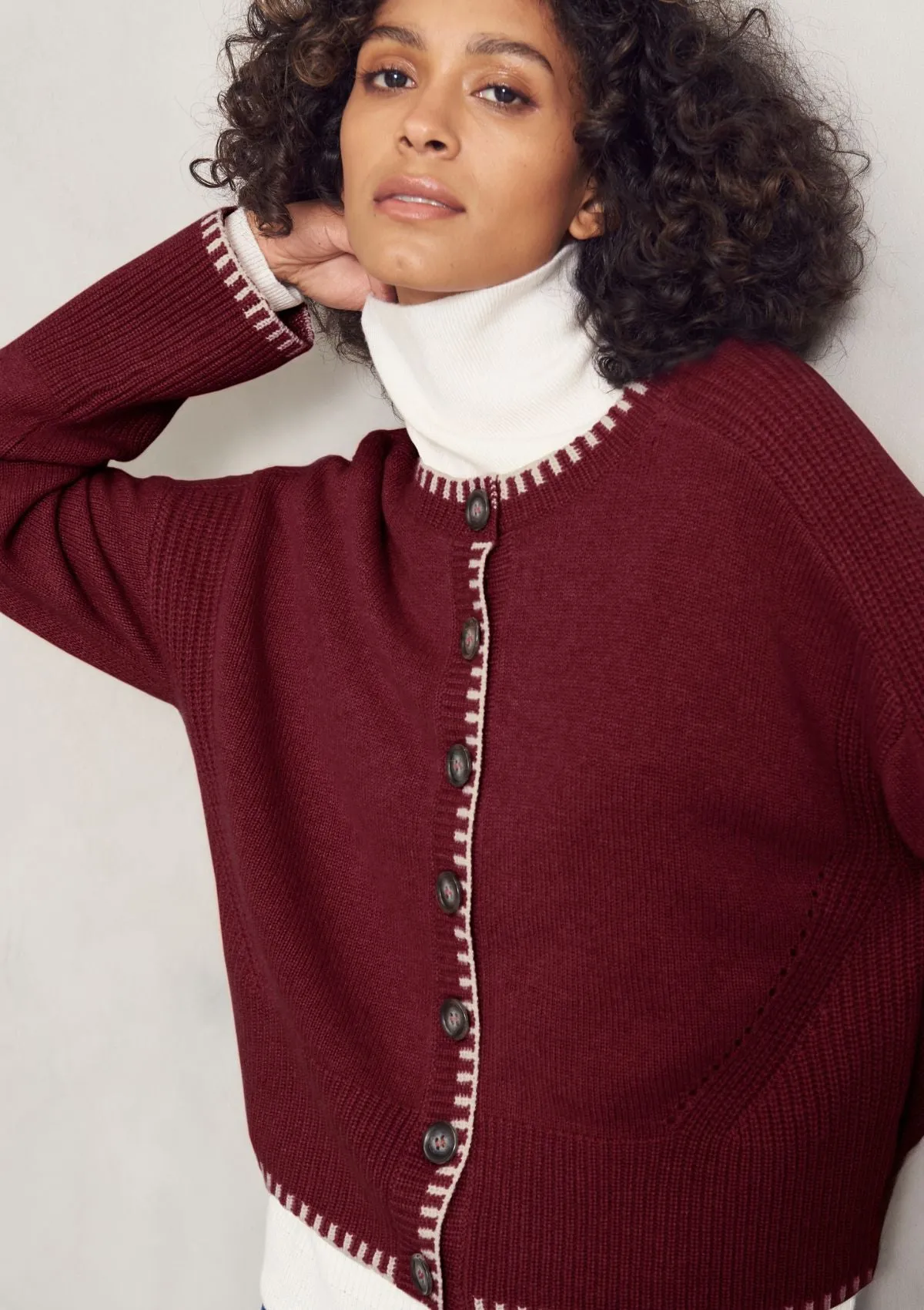 Cashmere Blanket Stitch Cardigan in Barolo Red