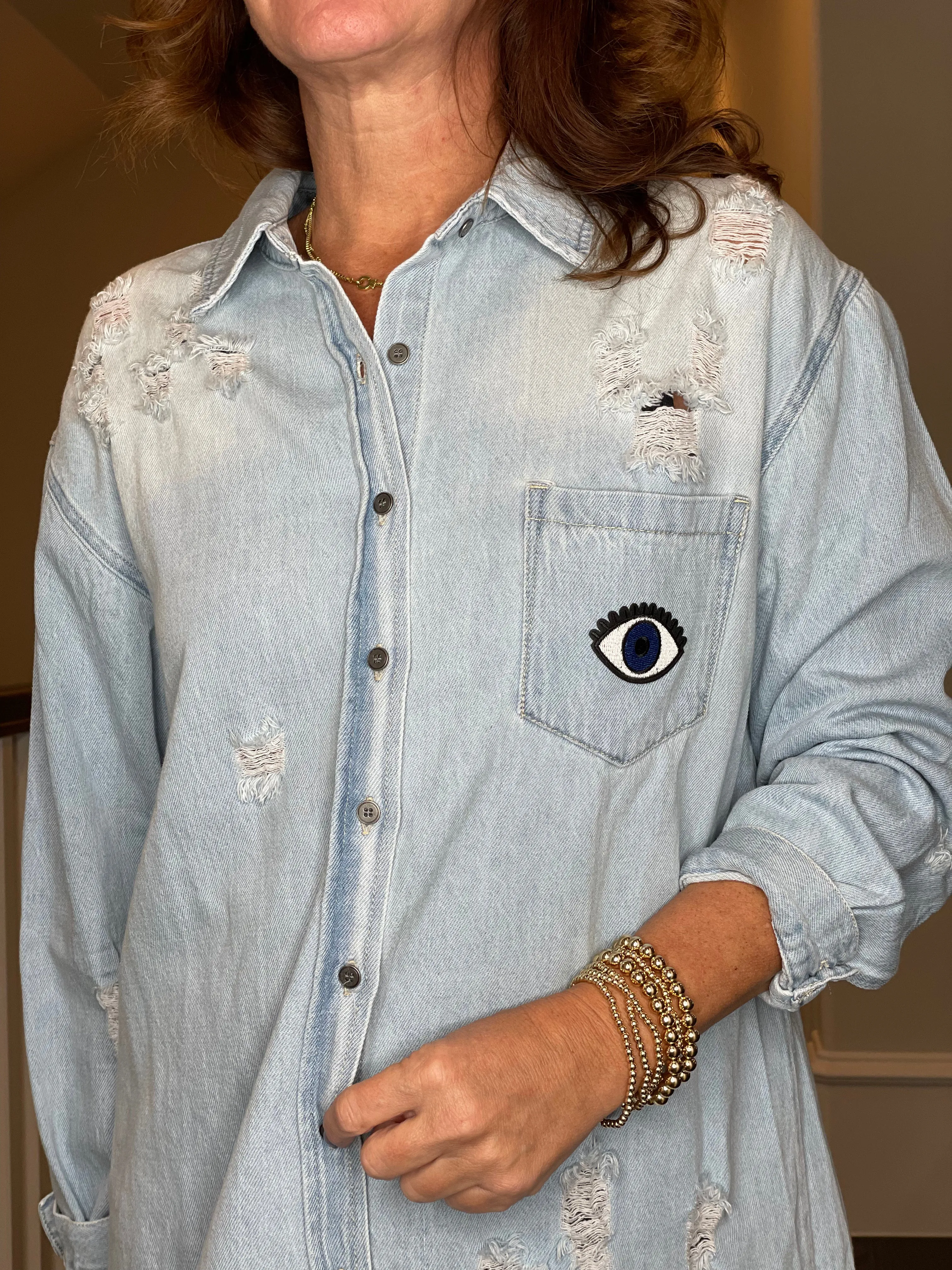 Distressed Denim Shacket with Evil Eye Heart Embellishment