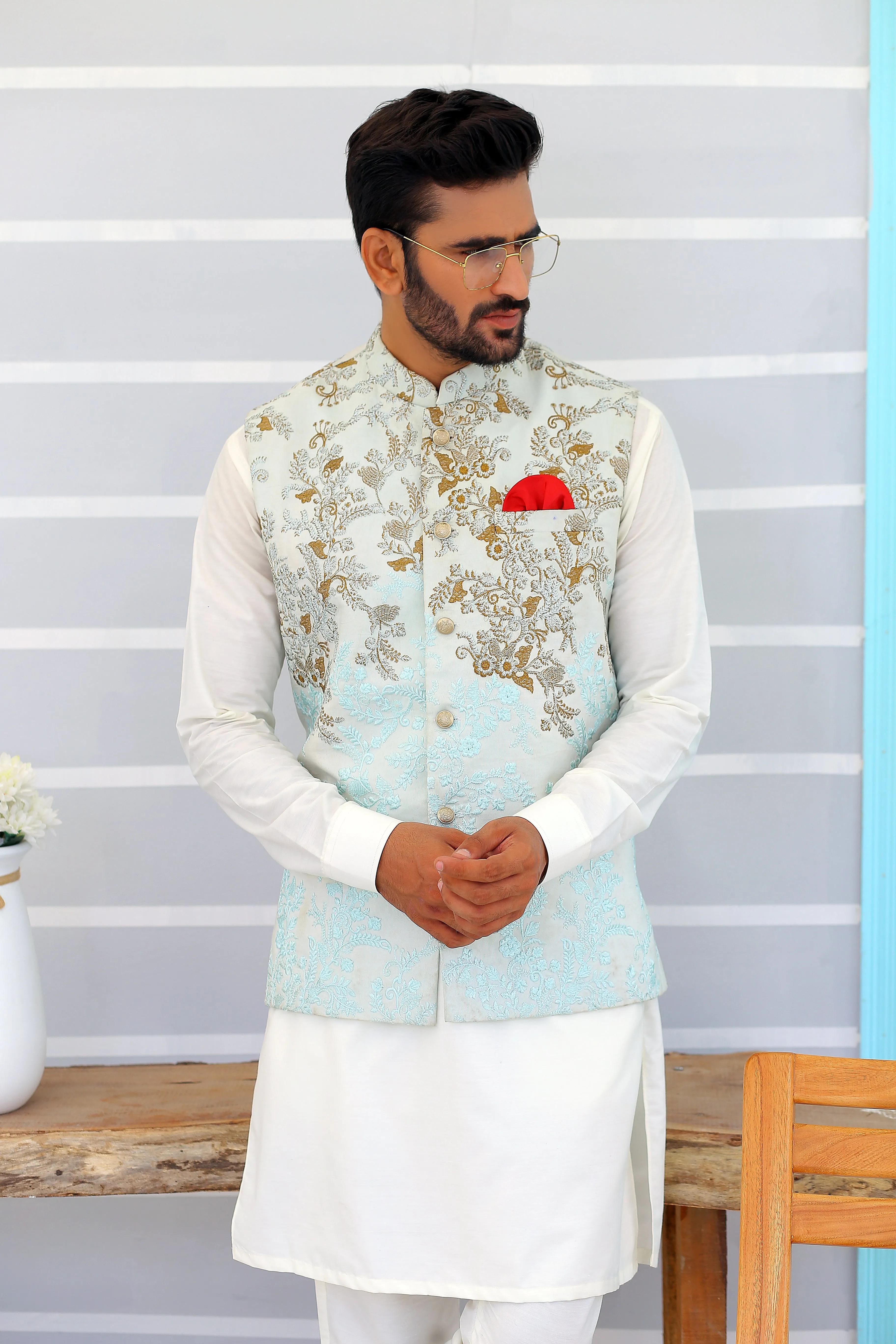 ER WC 1086 Sky Blue Embroidered Waistcooat