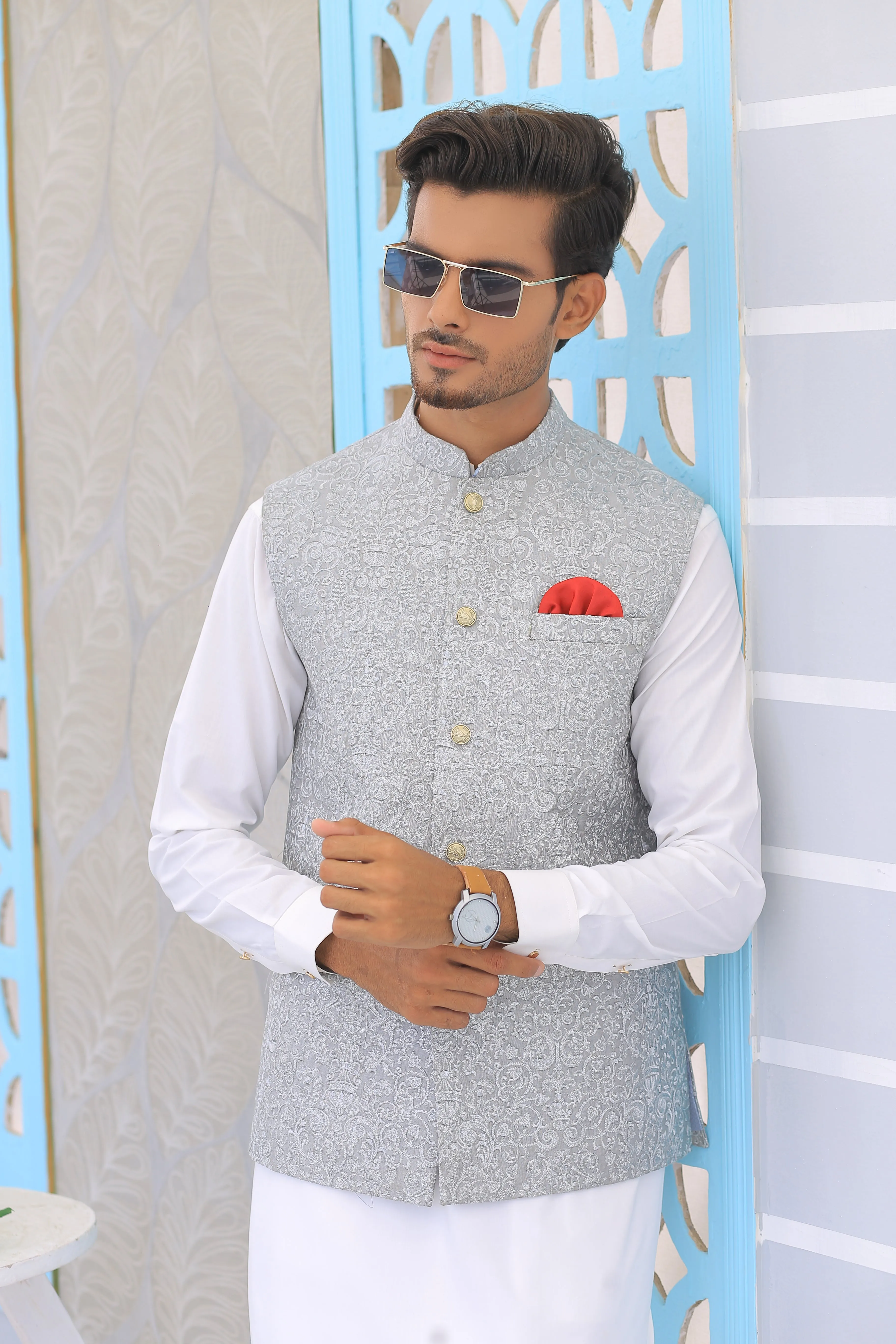 ER WC 1098 Grey Silver Embroidered Waistcoat