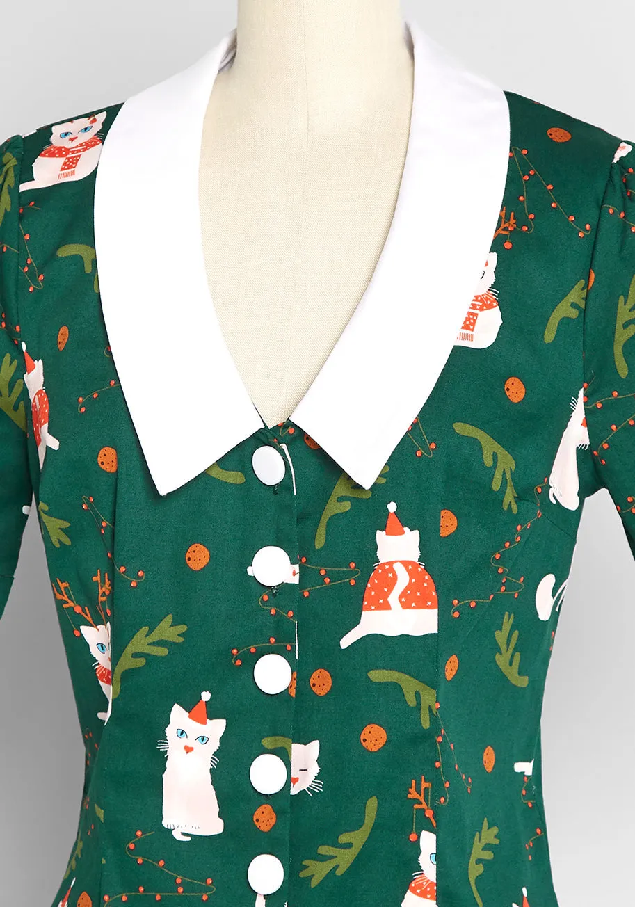 Felines Feeling Festive Button-Up Blouse