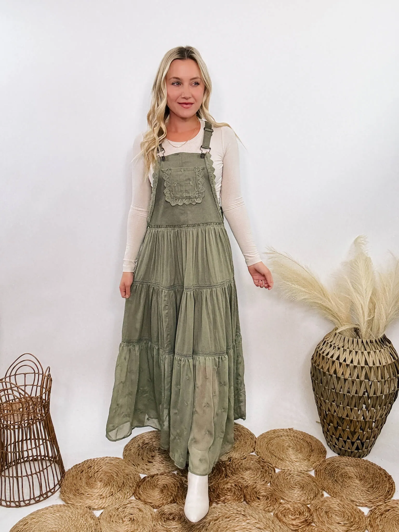 FLASH SALE - Boho Olive Green Lace Tiered Overall Skirtall Maxi Dress