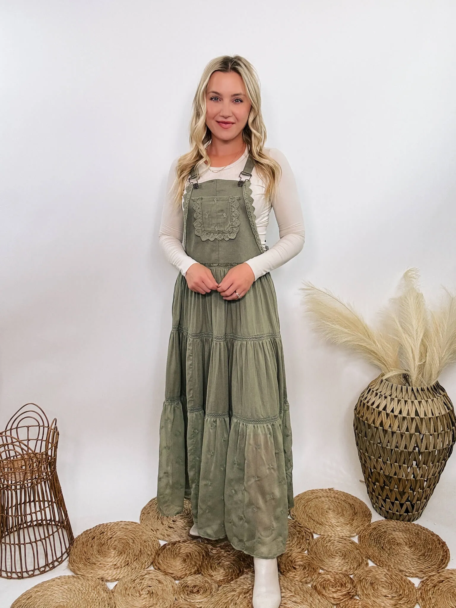 FLASH SALE - Boho Olive Green Lace Tiered Overall Skirtall Maxi Dress