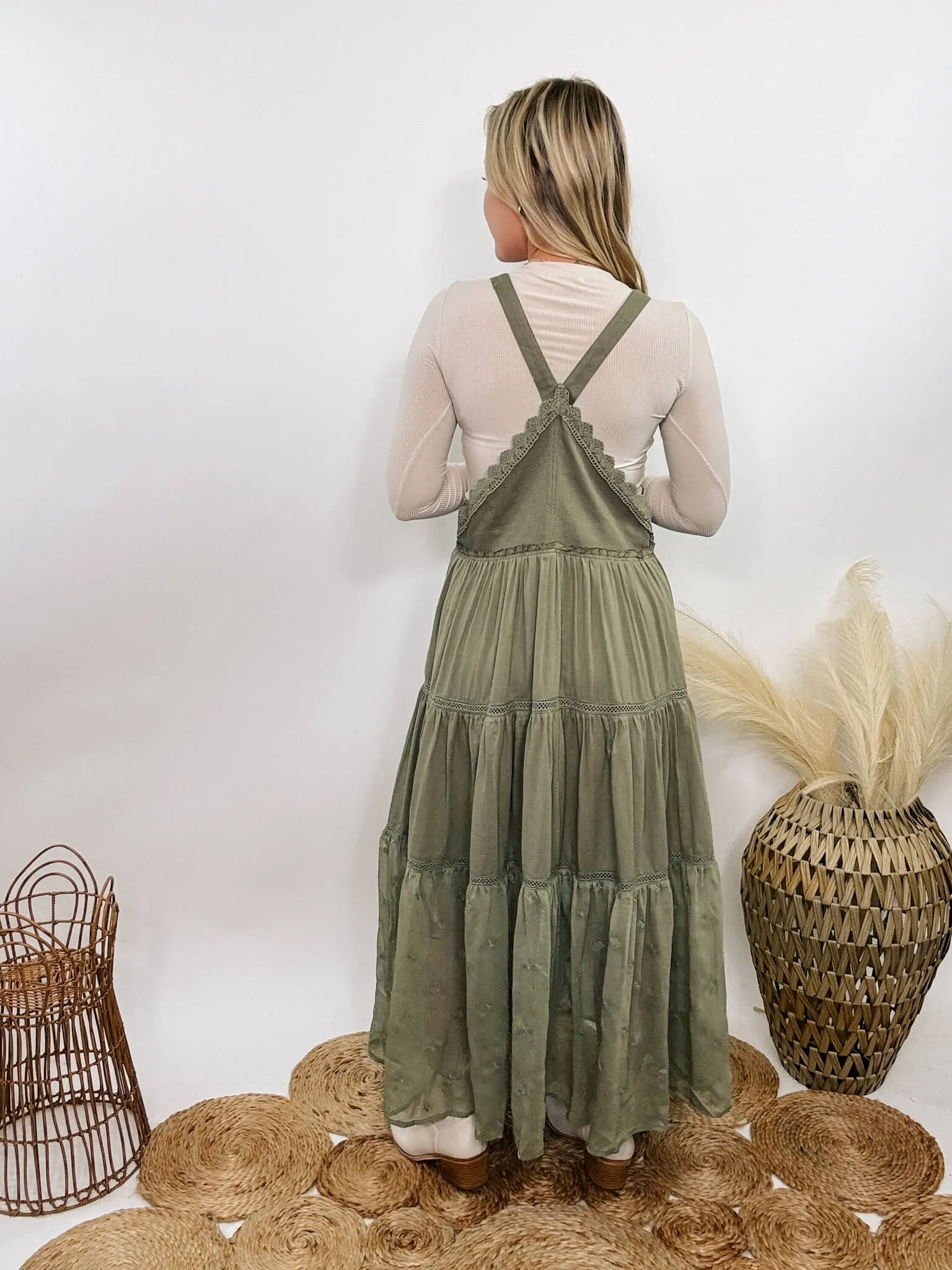 FLASH SALE - Boho Olive Green Lace Tiered Overall Skirtall Maxi Dress