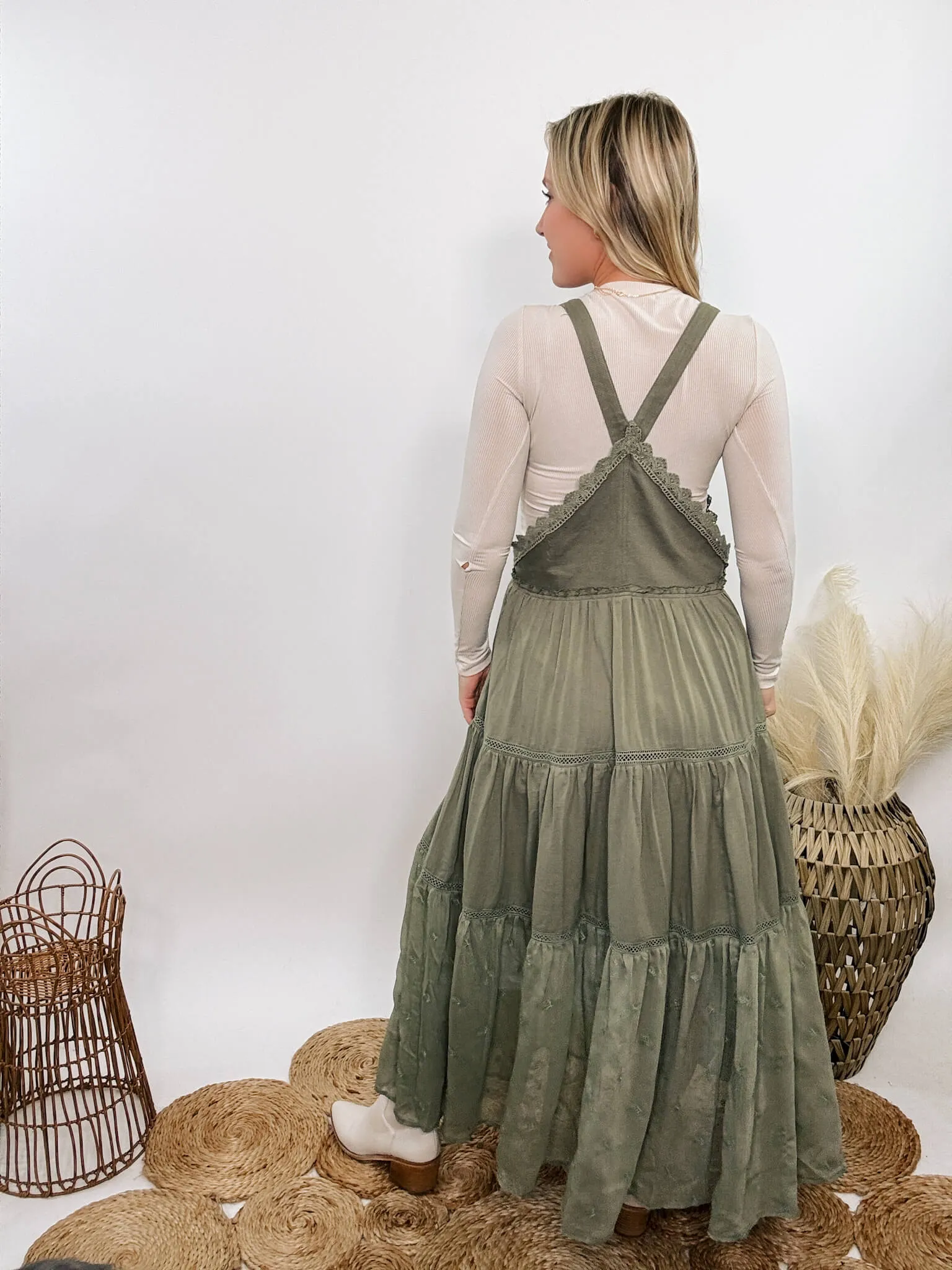 FLASH SALE - Boho Olive Green Lace Tiered Overall Skirtall Maxi Dress