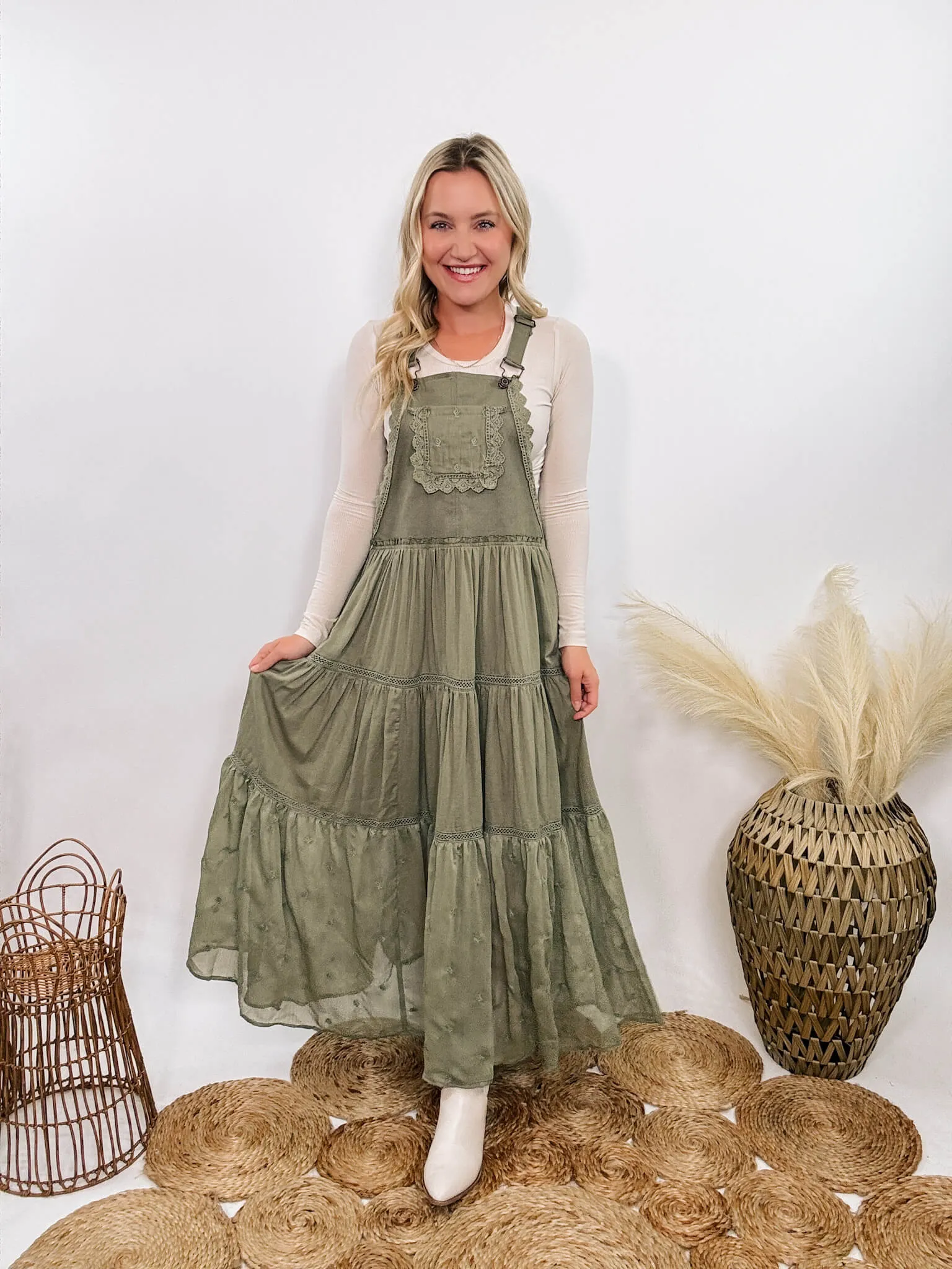 FLASH SALE - Boho Olive Green Lace Tiered Overall Skirtall Maxi Dress