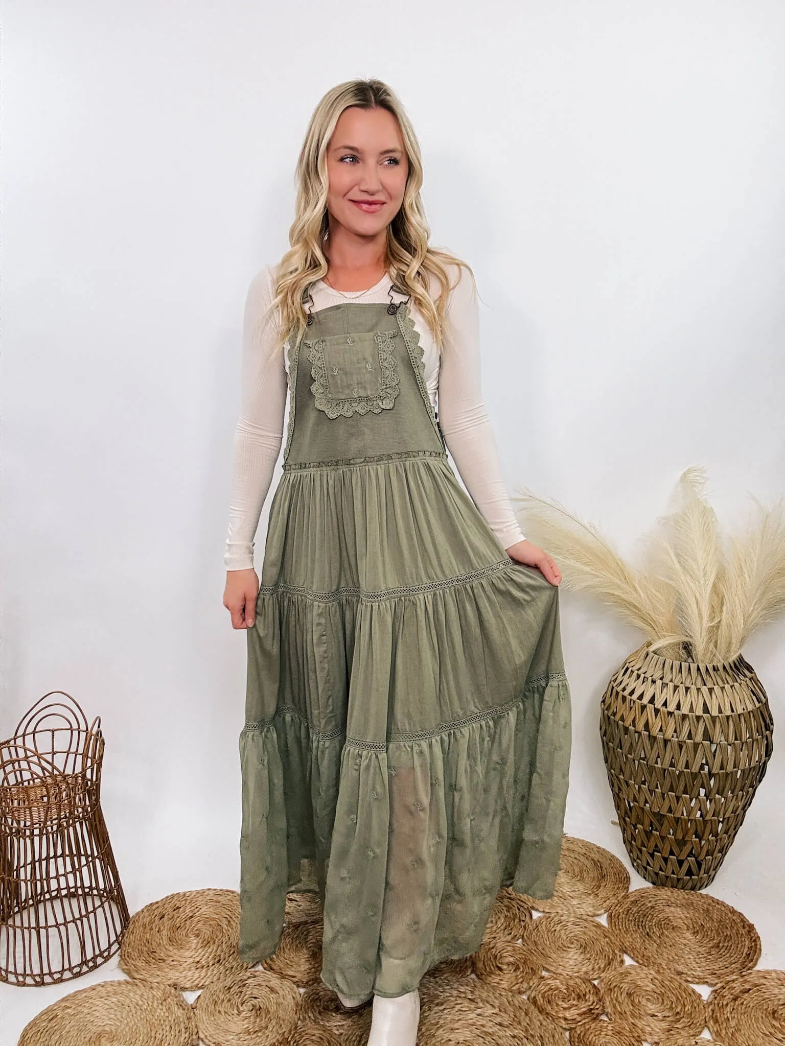 FLASH SALE - Boho Olive Green Lace Tiered Overall Skirtall Maxi Dress