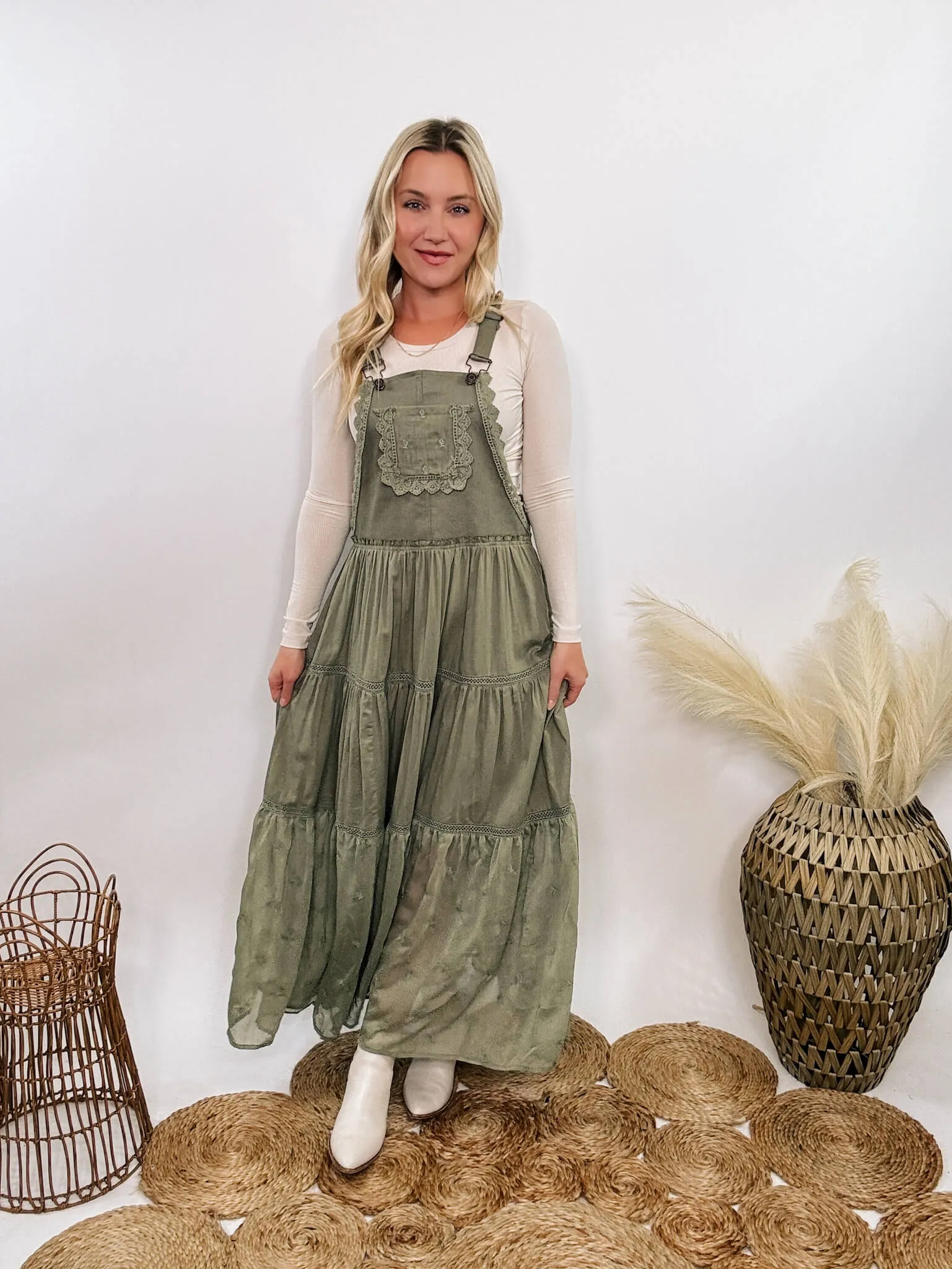 FLASH SALE - Boho Olive Green Lace Tiered Overall Skirtall Maxi Dress