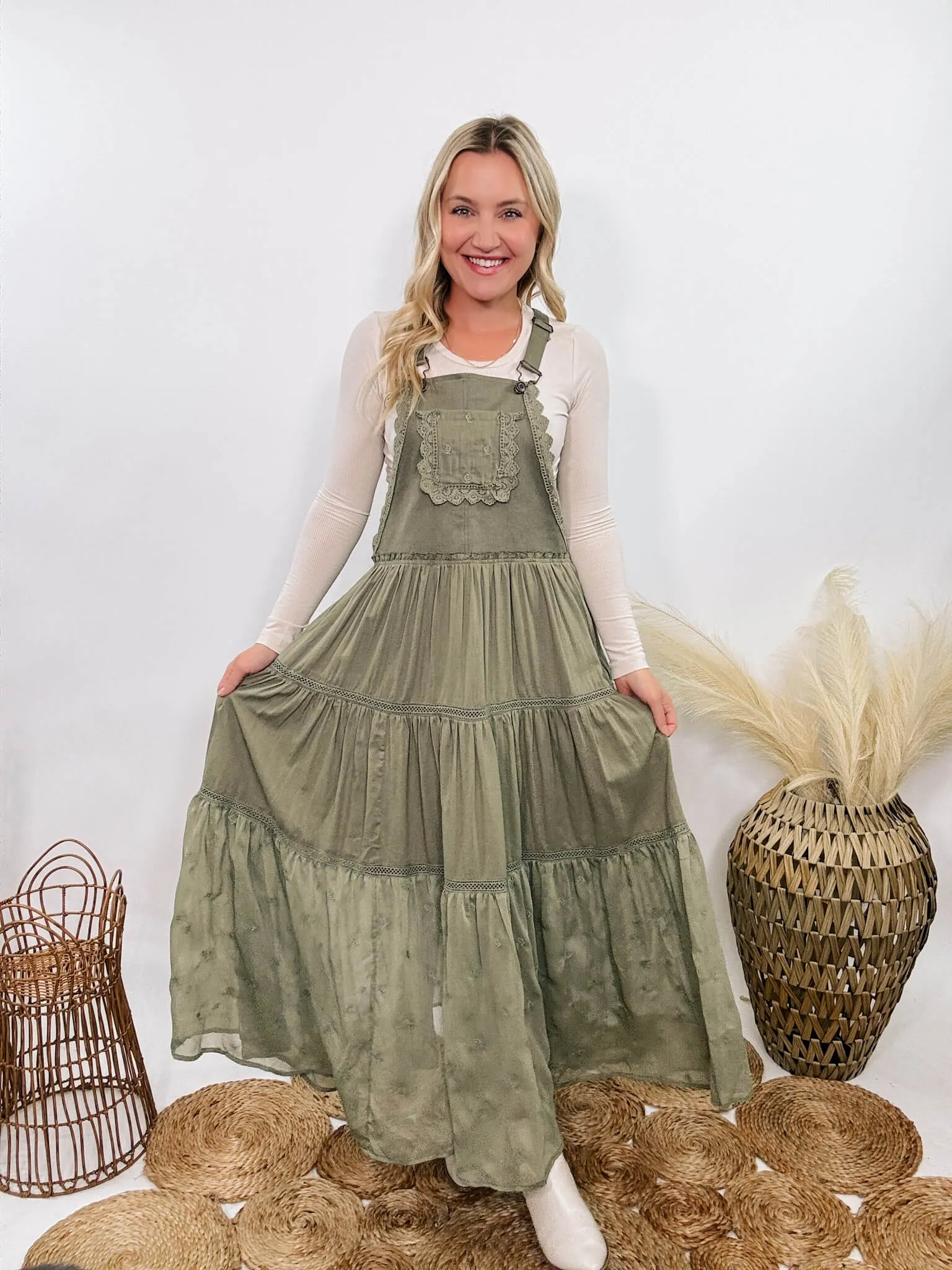 FLASH SALE - Boho Olive Green Lace Tiered Overall Skirtall Maxi Dress