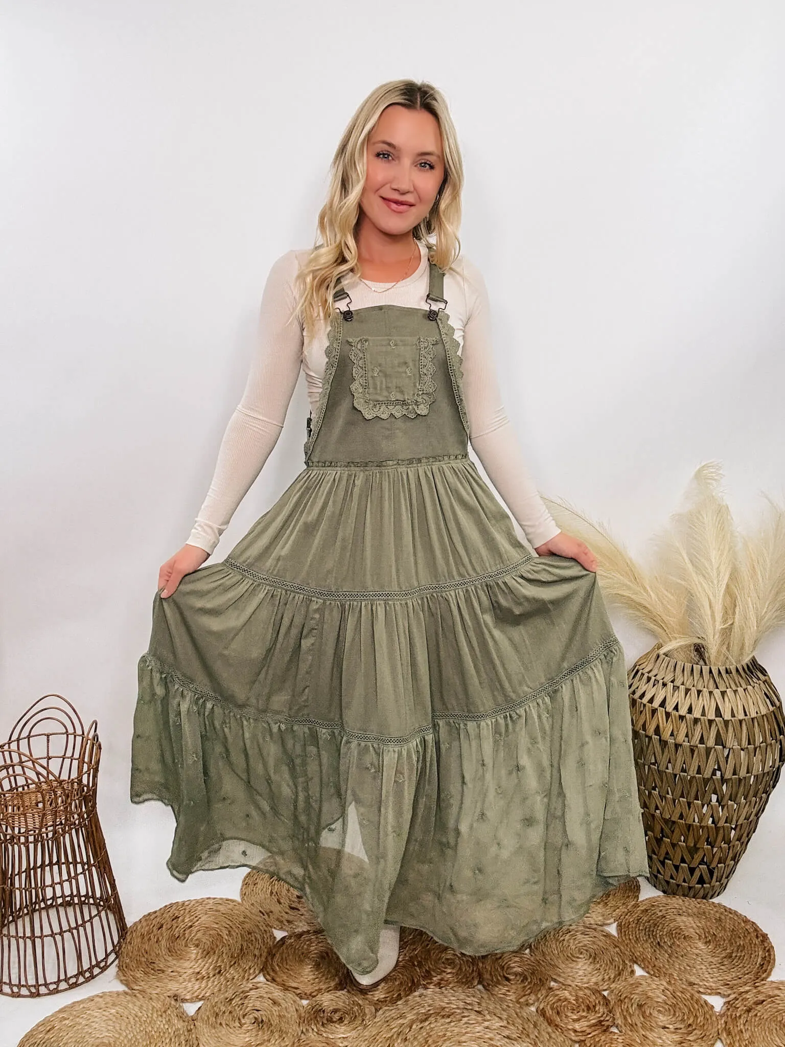 FLASH SALE - Boho Olive Green Lace Tiered Overall Skirtall Maxi Dress