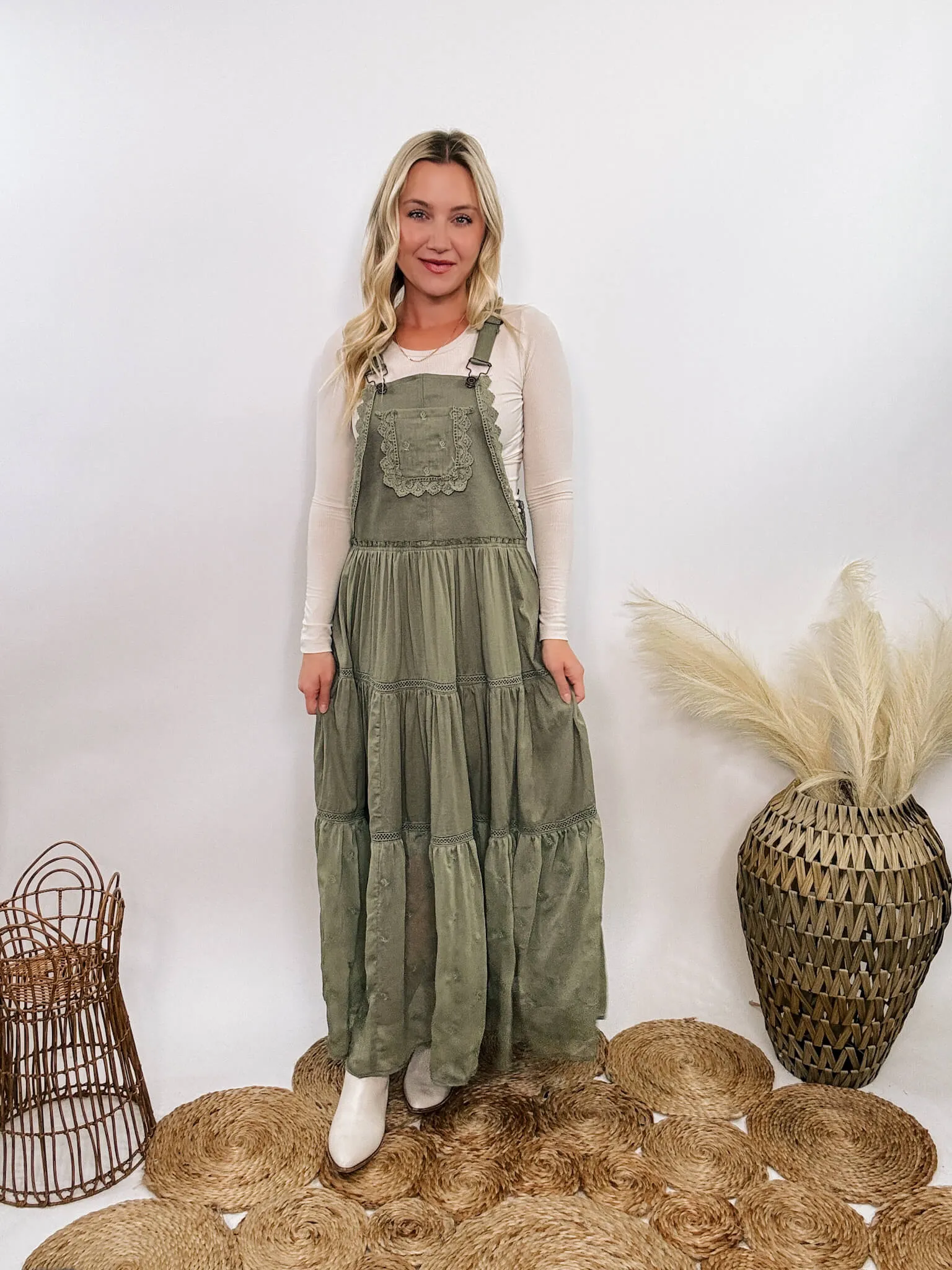 FLASH SALE - Boho Olive Green Lace Tiered Overall Skirtall Maxi Dress