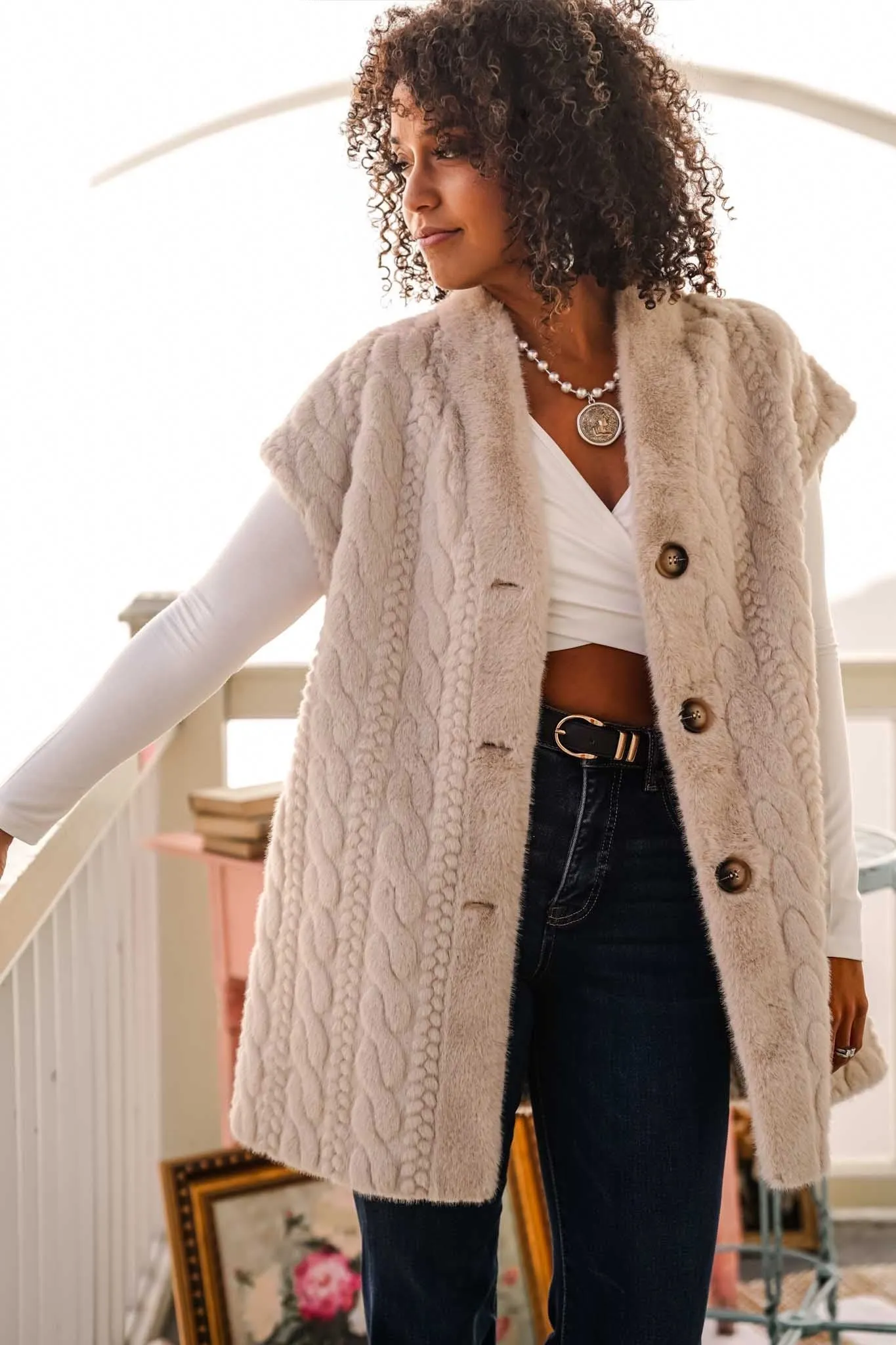 Flurry and Frill Faux Fur Suede Lined Vest- Sand