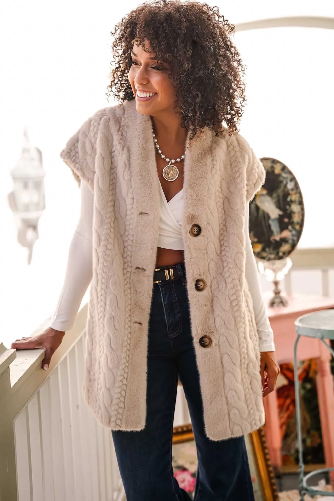 Flurry and Frill Faux Fur Suede Lined Vest- Sand