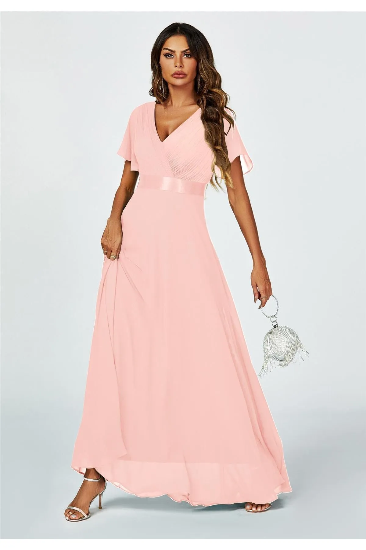 FS Collection Angel Sleeves Empire Waist Bridesmaid Dress In Pink