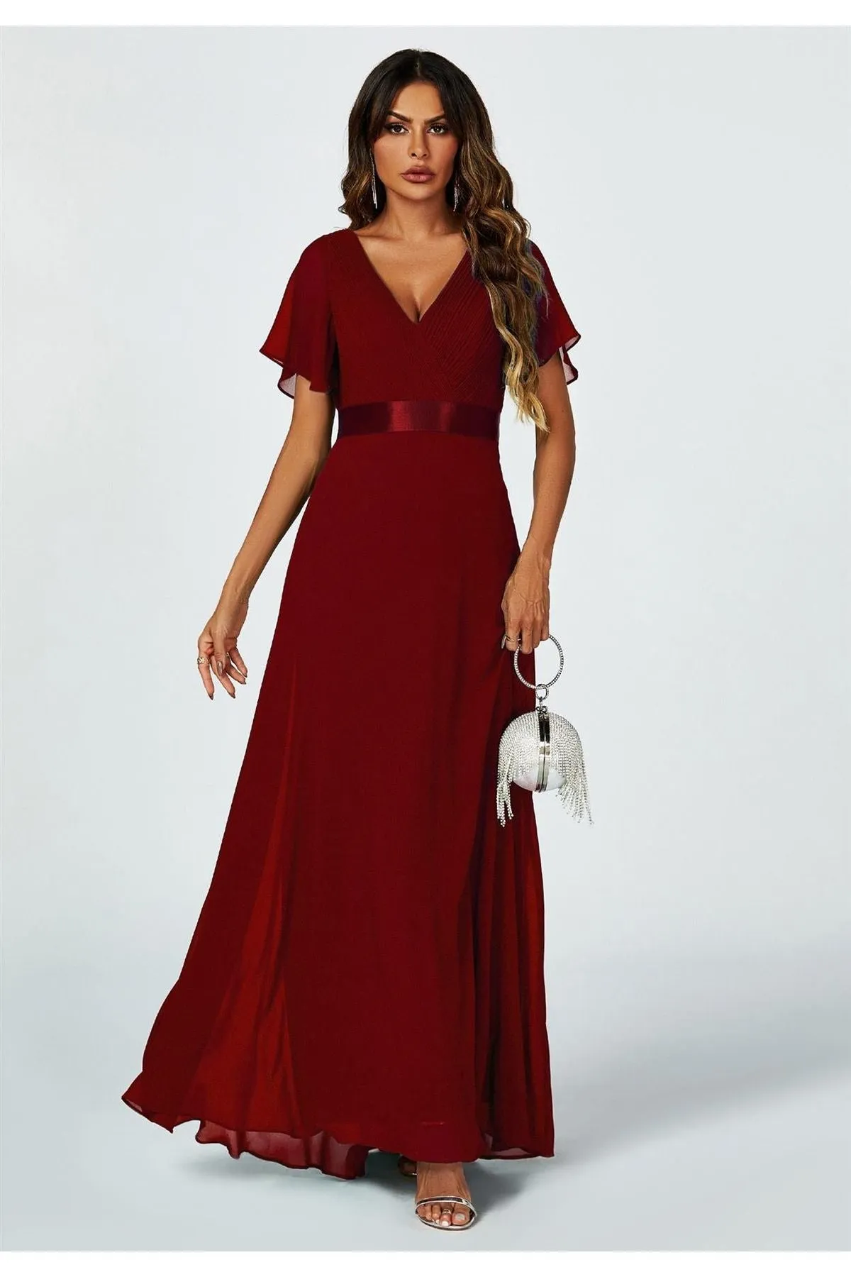 FS Collection Angel Sleeves Empire Waist Bridesmaid Dress In Wine