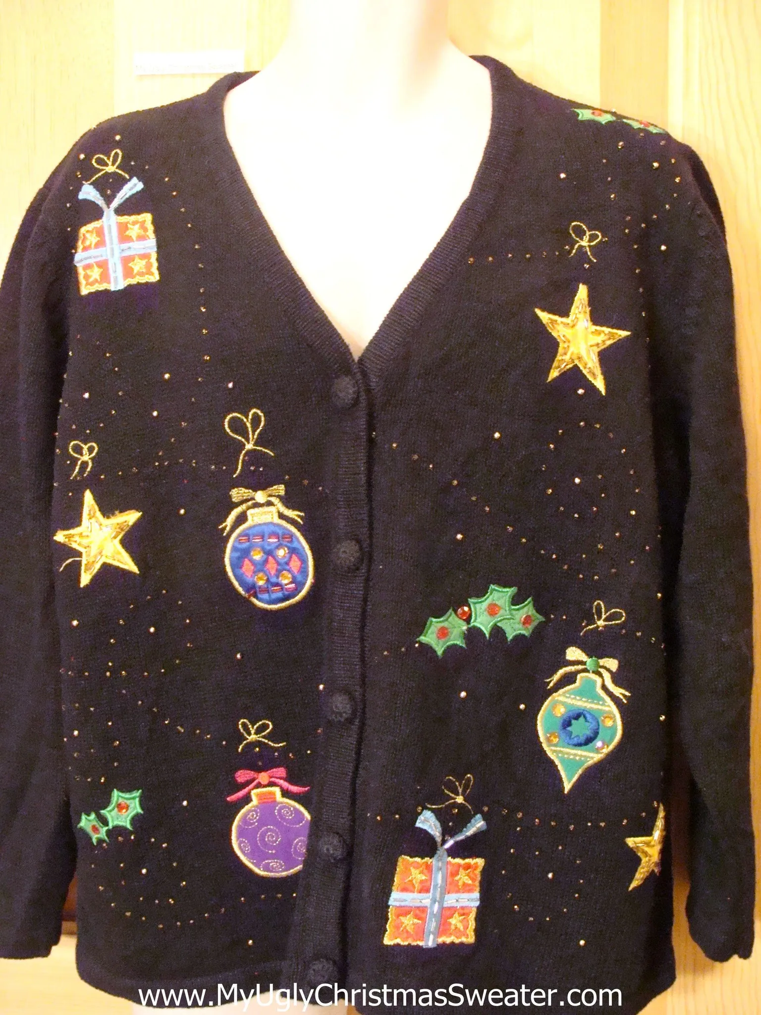 Funny Black Ugly Sweater with Ornaments, Stars, and Gifts