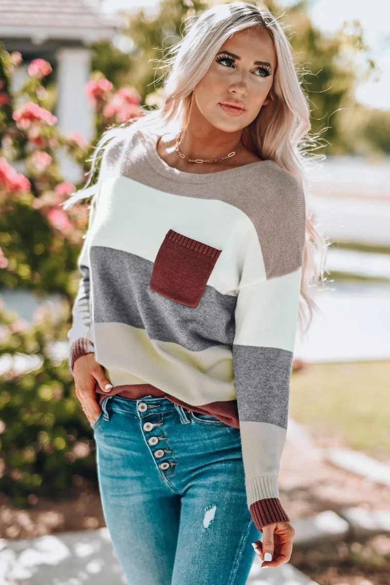 Gray Color Blocks Drop Shoulder Sweater