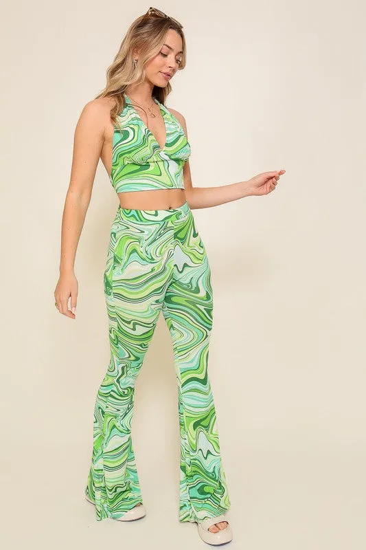 Green Combo Set-Halter Retro Print Top With Pants