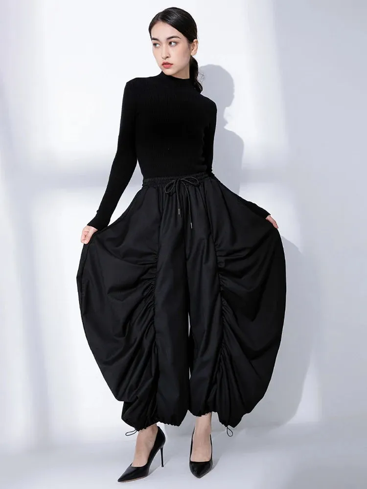 HEYFANCYSTYLE Jet Black Elastic Wide Leg Trousers