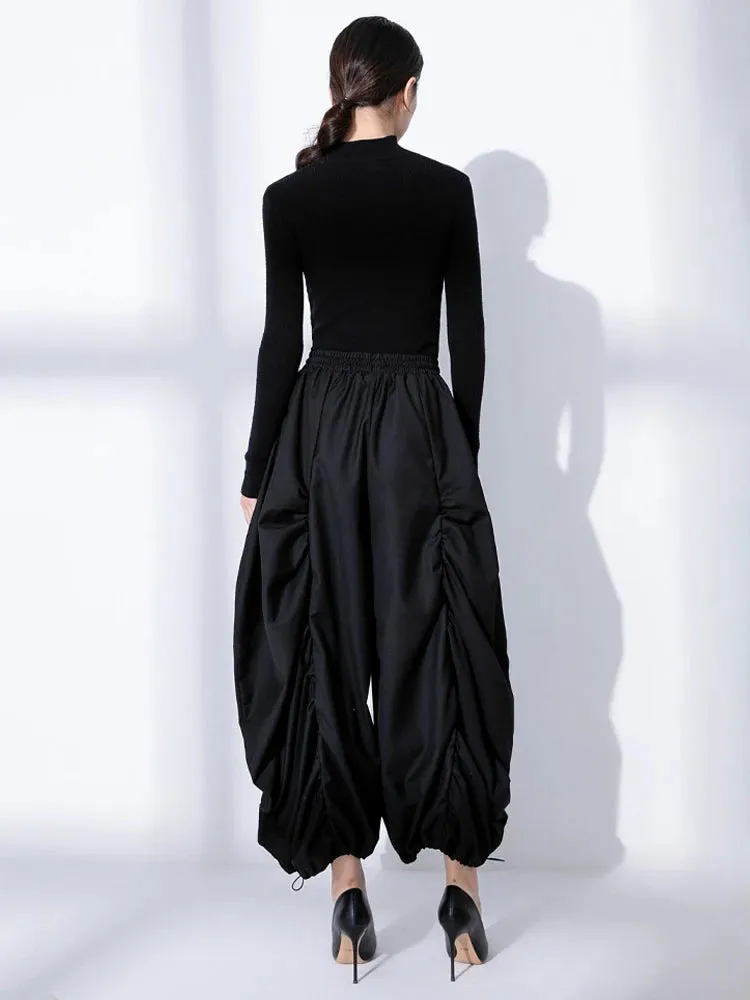 HEYFANCYSTYLE Jet Black Elastic Wide Leg Trousers