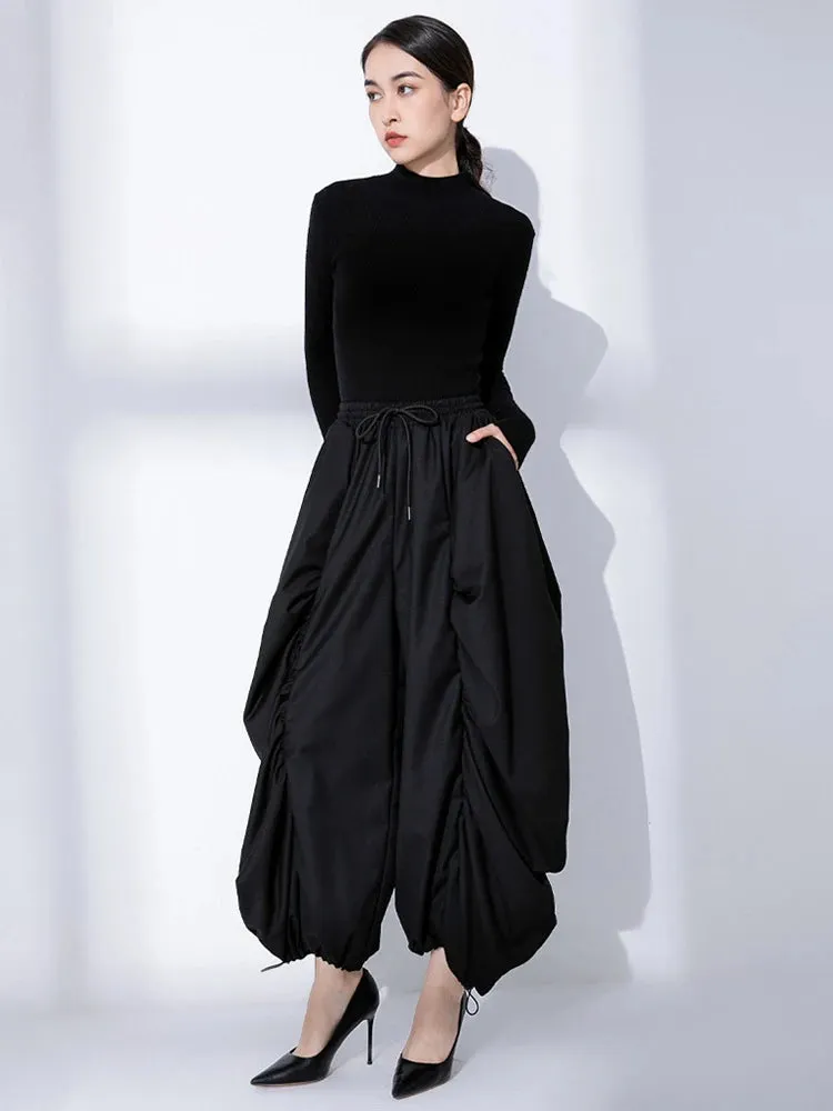 HEYFANCYSTYLE Jet Black Elastic Wide Leg Trousers