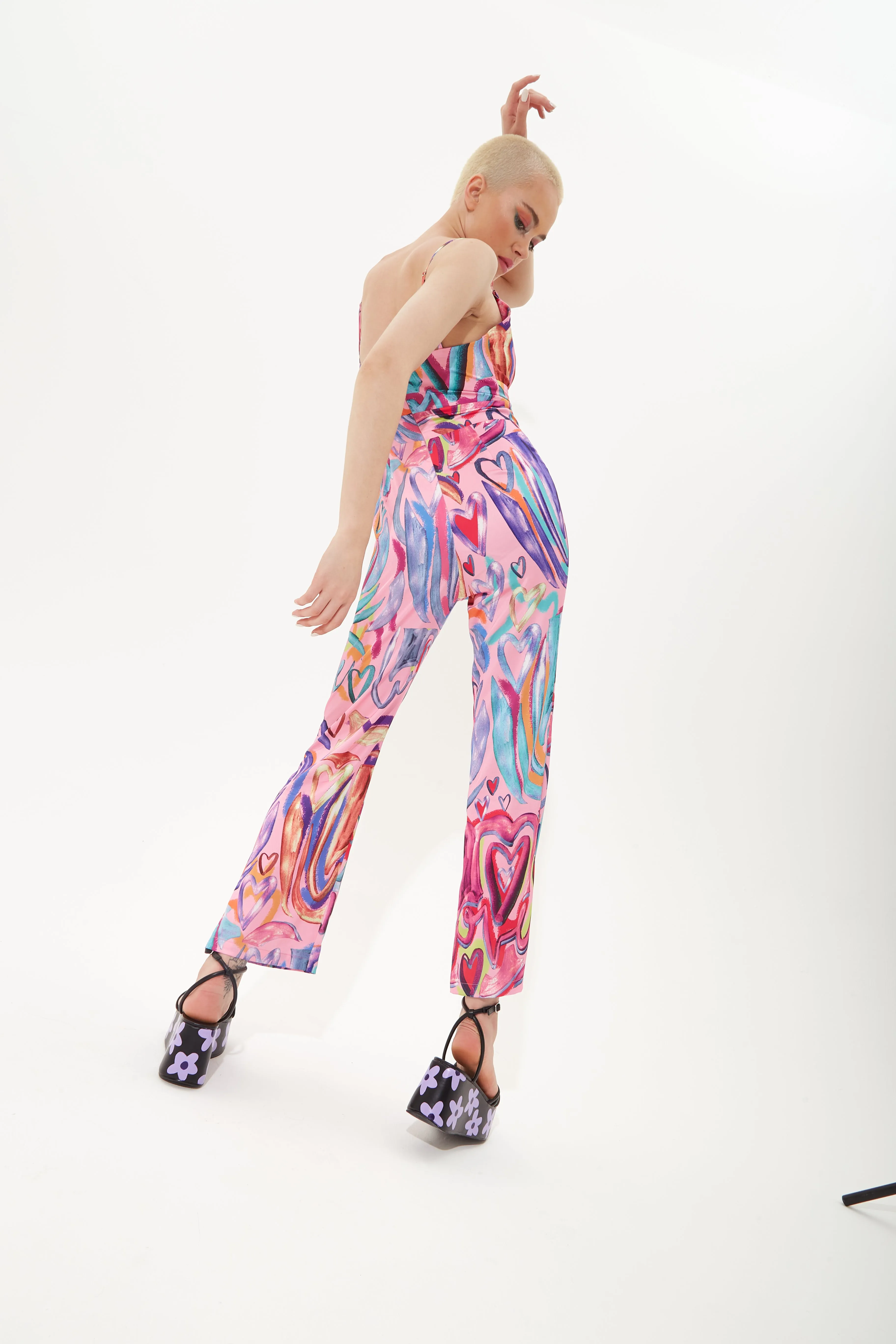 House of Holland Multi Coloured Heart Print Flared Leg Jumpsuit With Chain Straps