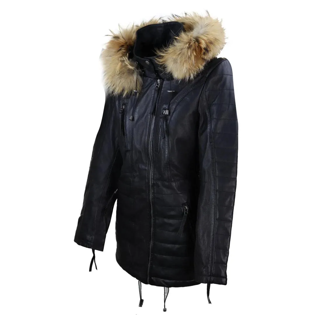 Ladies Real Leather Black Trench Mid Length Hood Raccoon Fur Winter Retro Jacket