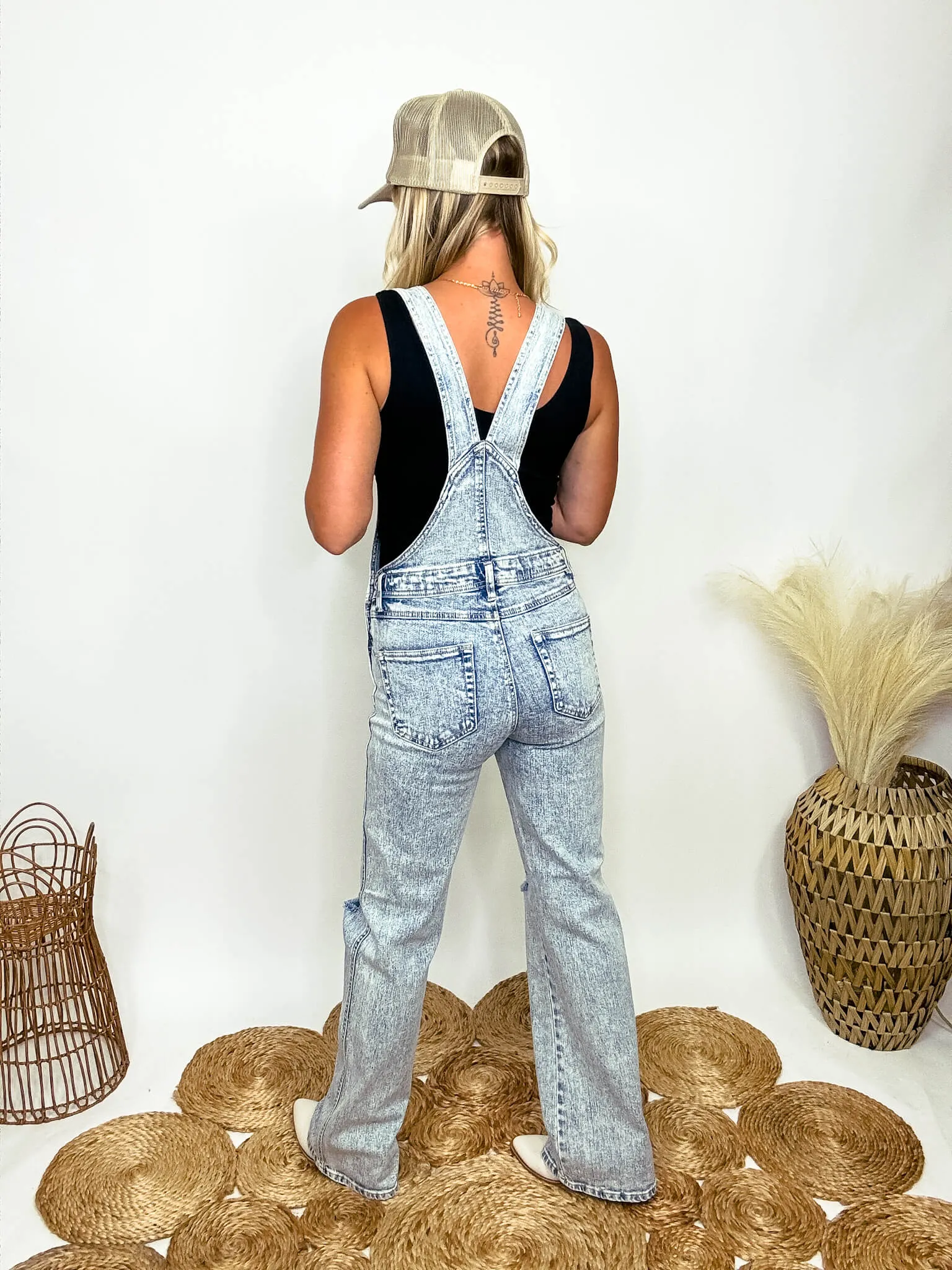 Light Acid Washed Stretchy Distressed Straight Leg Overalls