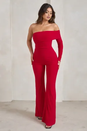 Margie | Red One Sleeve Bardot Jumpsuit