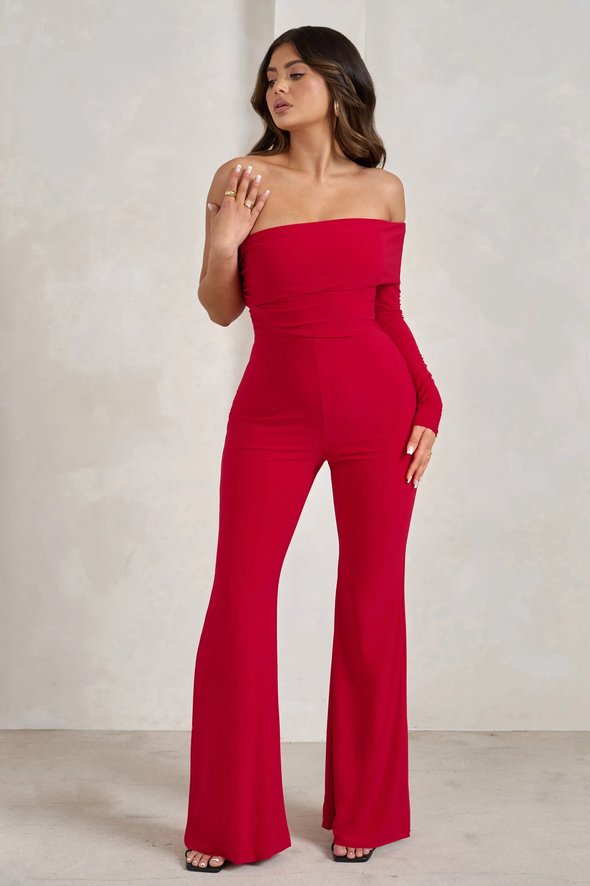 Margie | Red One Sleeve Bardot Jumpsuit